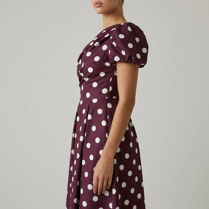 Betty Asymmetric Neckline Skater Midi Berry Polka — variant_front