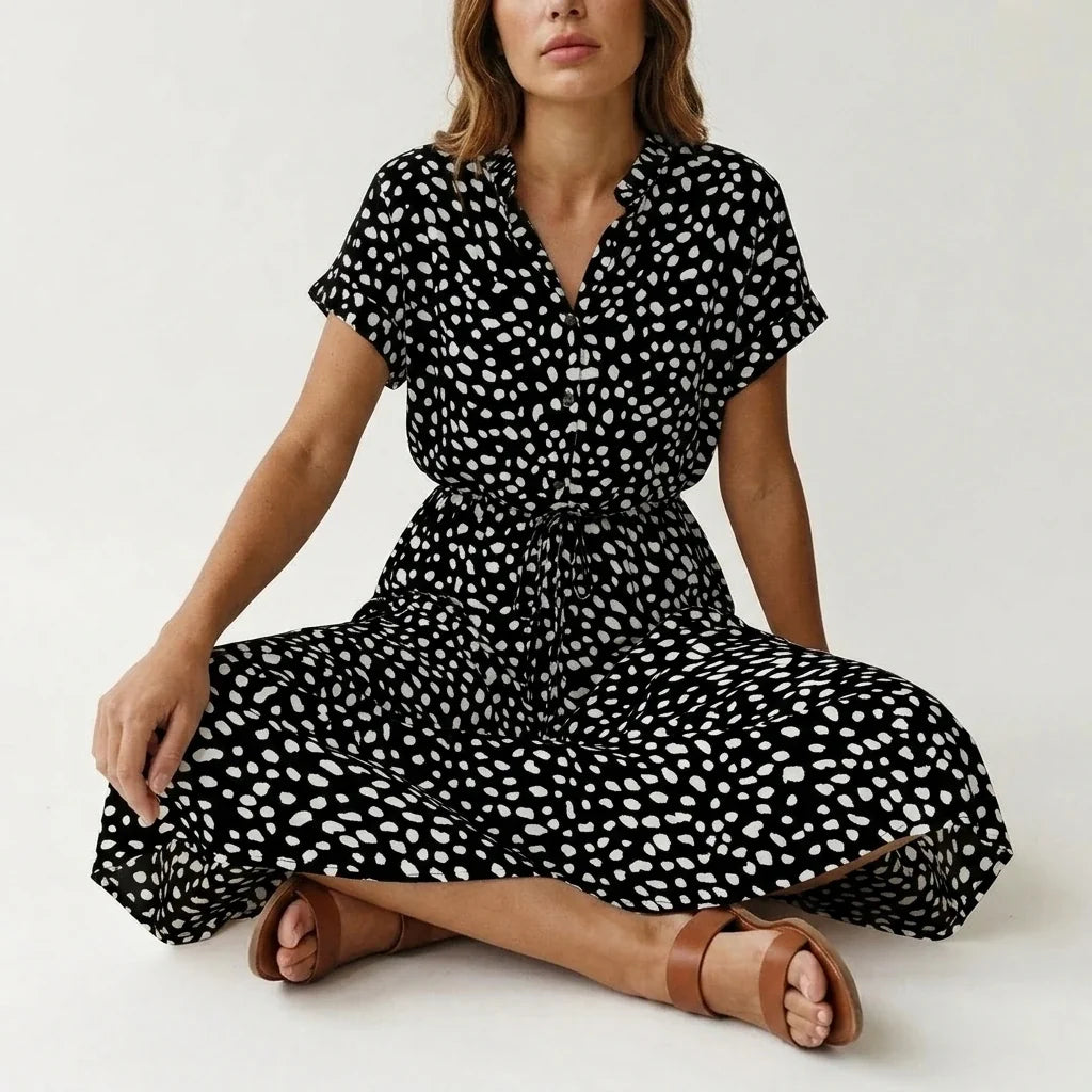 Women's Midi Dress with Button Front and Drawstring Waist — variant_front