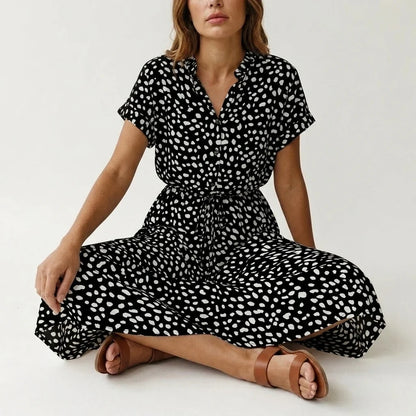 Women's Midi Dress with Button Front and Drawstring Waist — variant_front