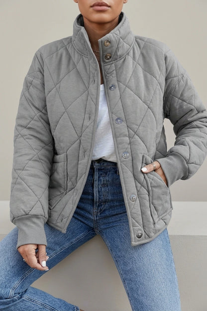 Relaxed Diamond Quilted Jacket with Stand Collar and Front Pockets — variant_front