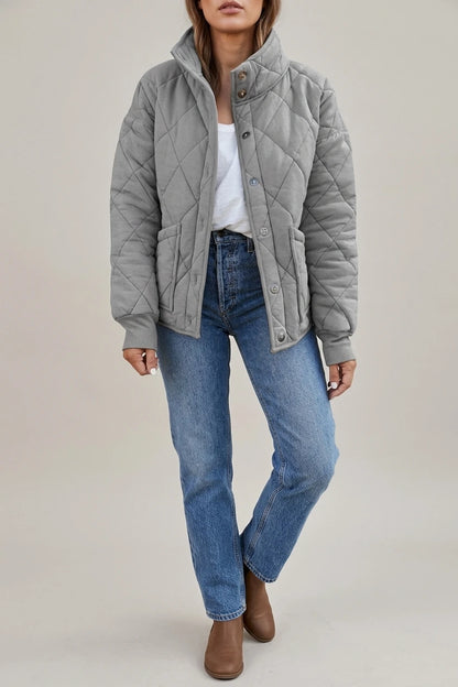 Relaxed Diamond Quilted Jacket with Stand Collar and Front Pockets — variant_front