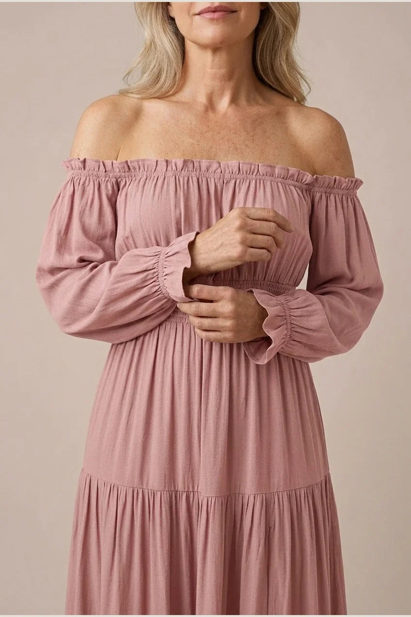 Aveline | Off Shoulder Long Sleeve Smocked Maxi Dress — variant_front
