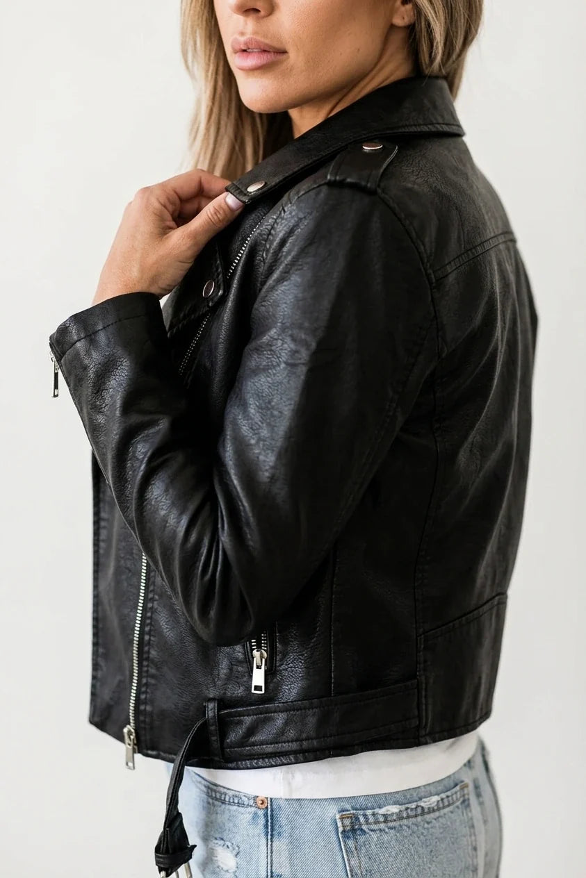 Black Faux Leather Biker Jacket with Asymmetric Zip and Belt — variant_front