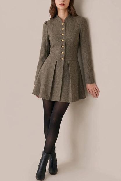 Brown Button Pleated Mini Dress — variant_front