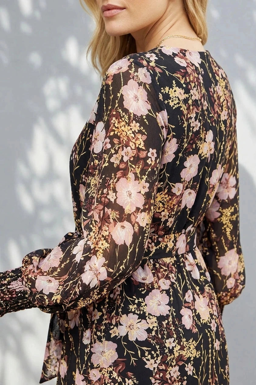 Foiled Floral Print Wrap Midi Dress With Belted Waist And Long Sleeves