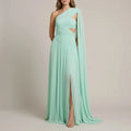 Ethereal Chiffon Drape Maxi Dress One-Shoulder Ruched Waist High Slit
