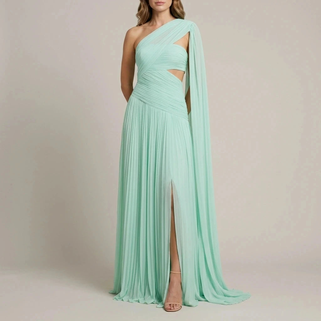 Ethereal Chiffon Drape Maxi Dress One-Shoulder Ruched Waist High Slit