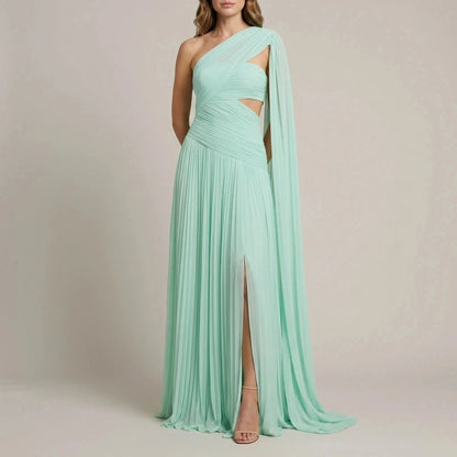 Ethereal Chiffon Drape Maxi Dress One-Shoulder Ruched Waist High Slit