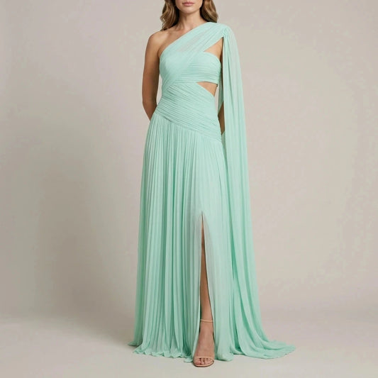 Ethereal Chiffon Drape Maxi Dress One-Shoulder Ruched Waist High Slit