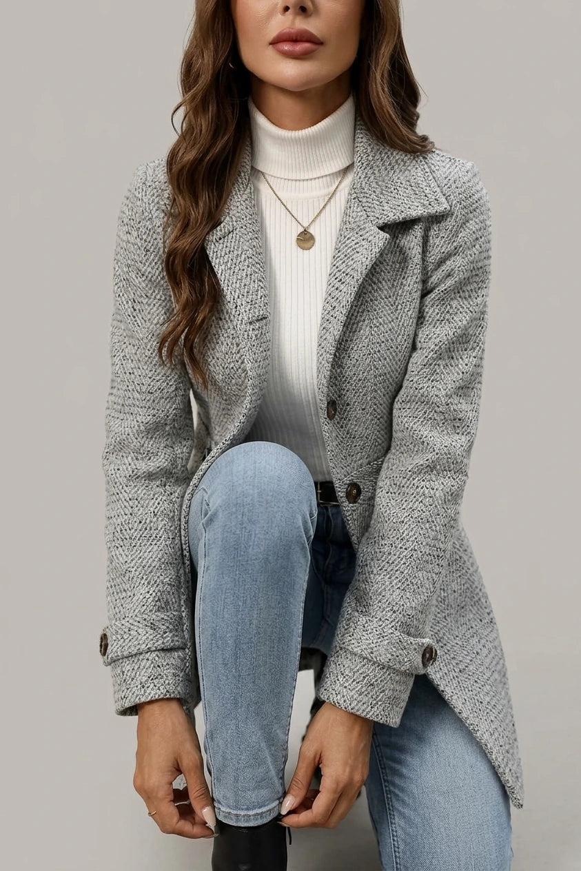 Grey Herringbone Wool Coat with Cinched Waist — variant_front