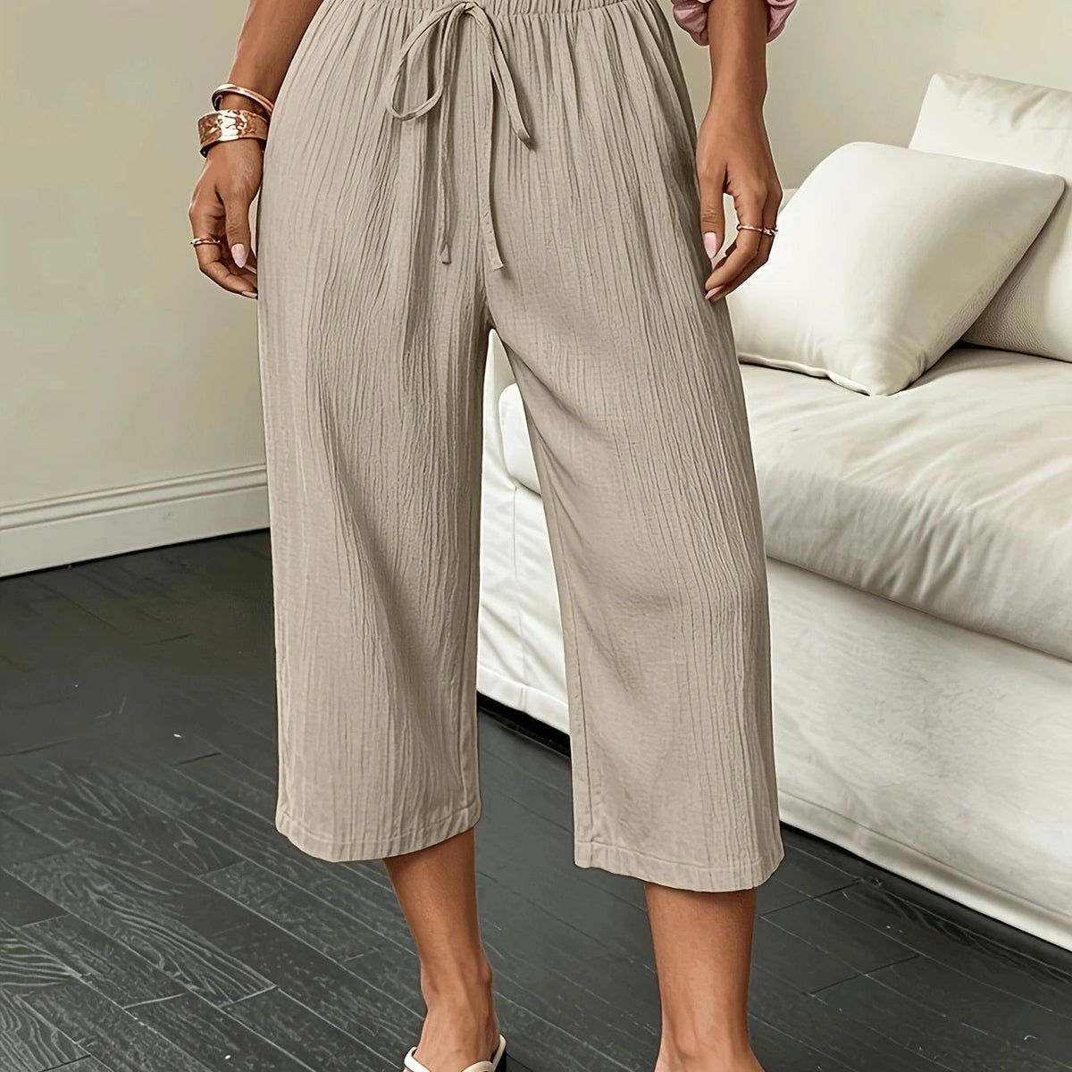 Beach Vacation Style Summer Women's Straight-Leg Trousers, Solid Color Drawstring Casual Summer Capri Pants for Women
