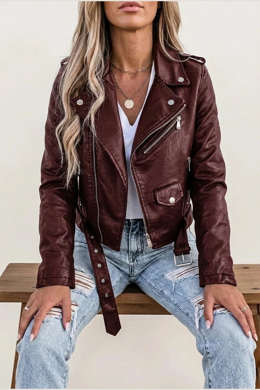 Black Faux Leather Biker Jacket with Asymmetric Zip and Belt — variant_front