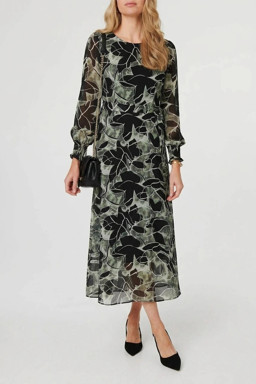 Abstract Long Sleeve Layered Maxi Dress With Sheer Sleeves And Tie Waist