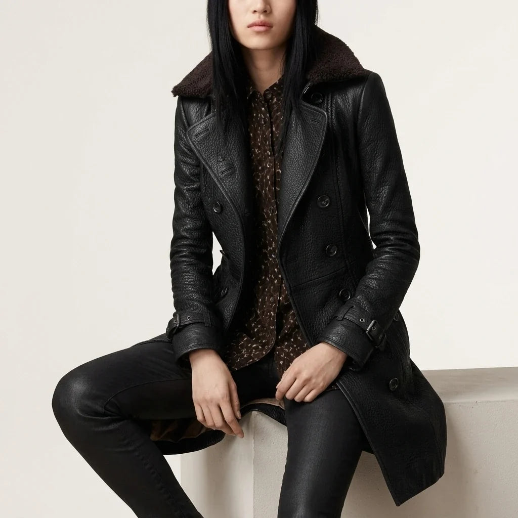 Black Leather Coat with Shearling Collar and Double Breasted Front — variant_front