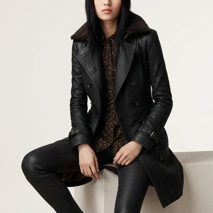 Black Leather Coat with Shearling Collar and Double Breasted Front — variant_front