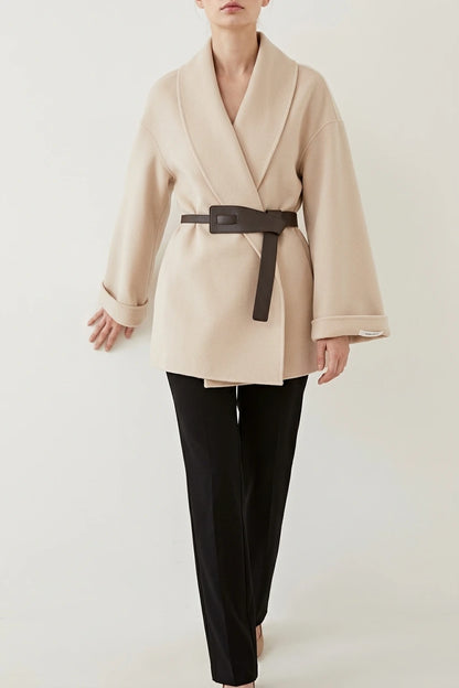Women's Wrap Coat with Wide Lapel Collar and Tie Belt — variant_front