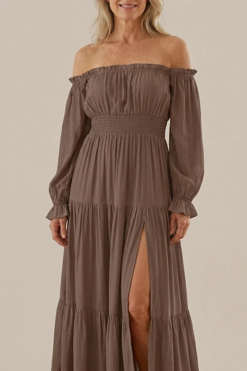 Aveline | Off Shoulder Long Sleeve Smocked Maxi Dress — variant_front