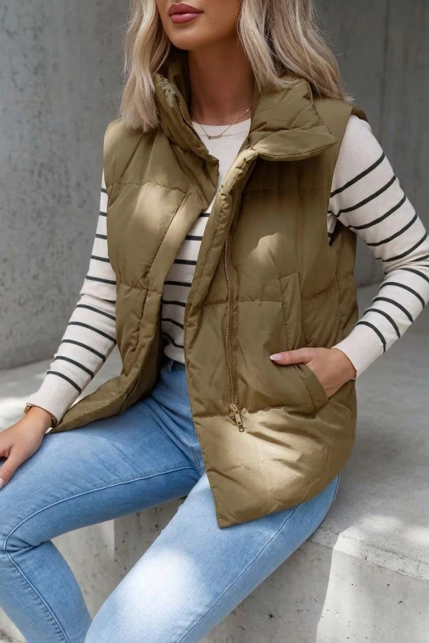 Quilted Puffer Gilet with Stand Collar and Side Pockets — variant_front