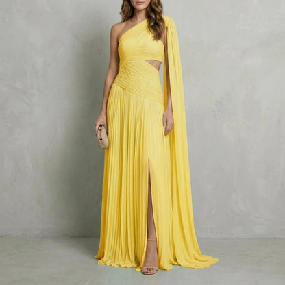 Ethereal Chiffon Drape Maxi Dress One-Shoulder Ruched Waist High Slit