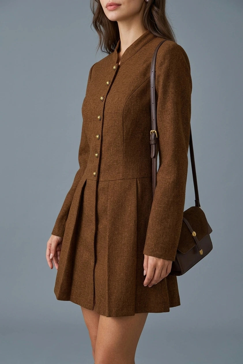 Brown Ruched Button A-Line Mini Dress — variant_front