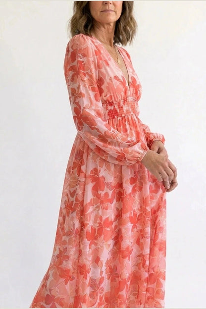 Printed Long Sleeve V-Neck Maxi Dress With Smocked Waist