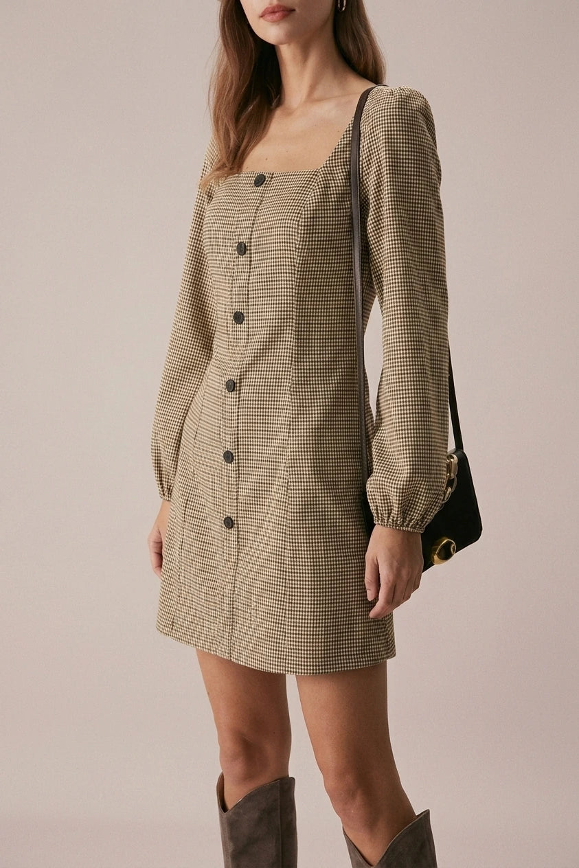 The Khaki Square Neck Plaid Button Mini Dress — variant_front
