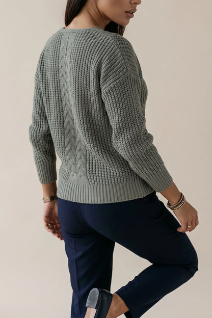 Cable Knit Sweater with V-Neckline and Ribbed Cuffs — variant_front