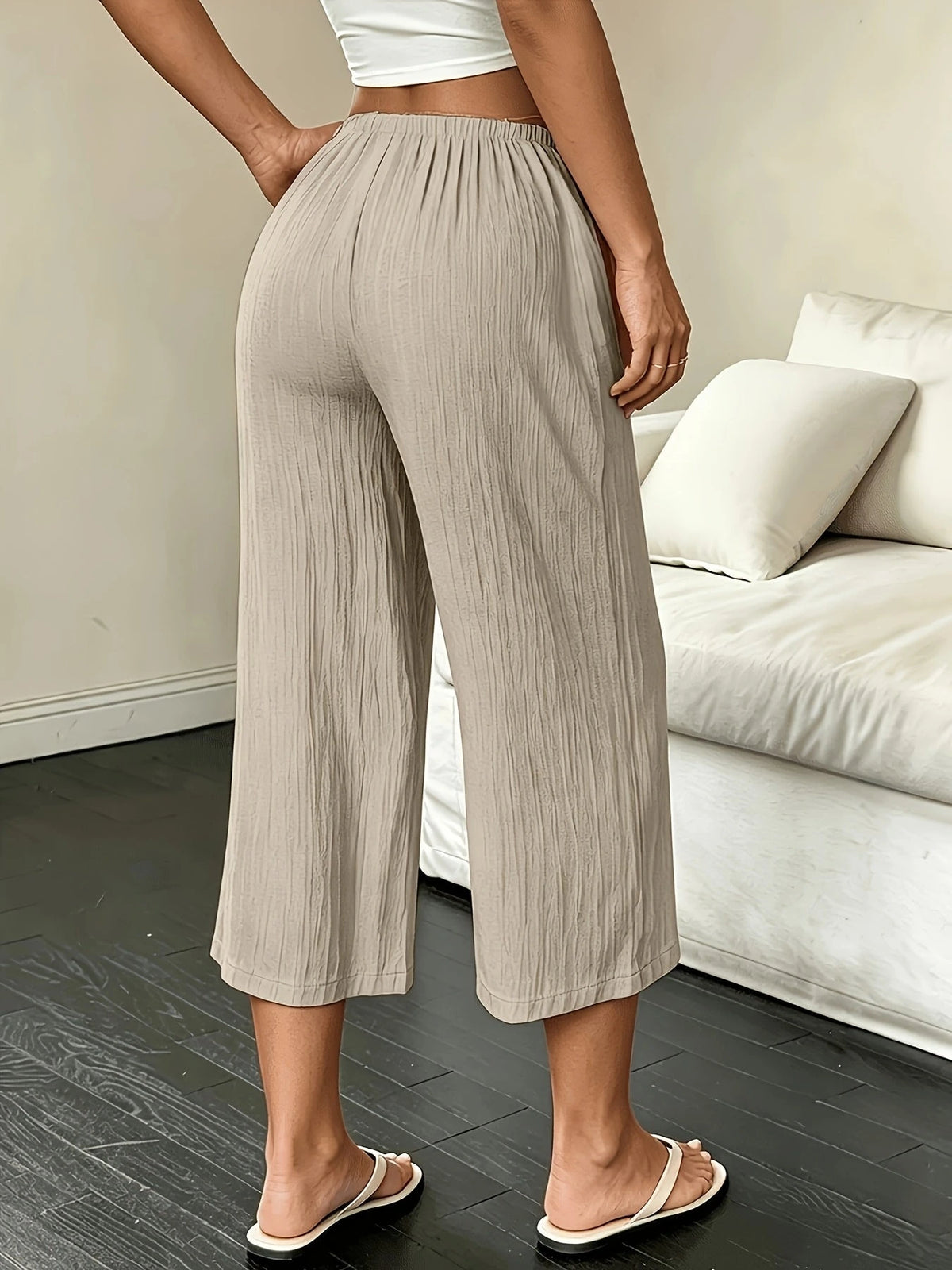 Beach Vacation Style Summer Women's Straight-Leg Trousers, Solid Color Drawstring Casual Summer Capri Pants for Women