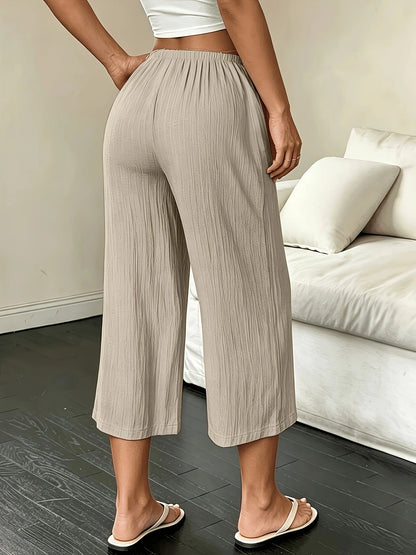 Beach Vacation Style Summer Women's Straight-Leg Trousers, Solid Color Drawstring Casual Summer Capri Pants for Women