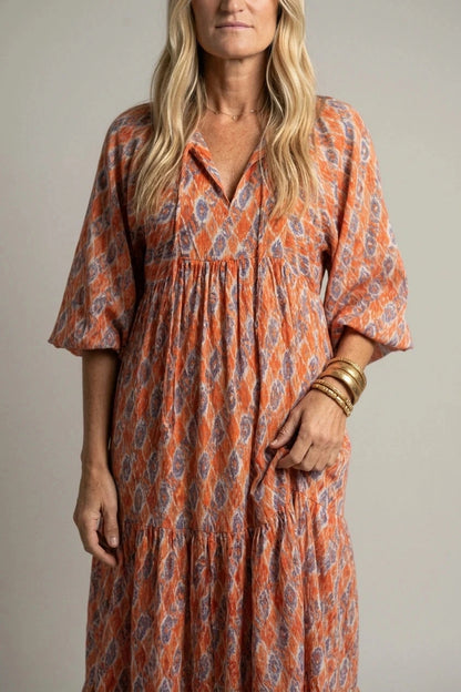 Geometric Print V Neck Tiered Maxi Dresses