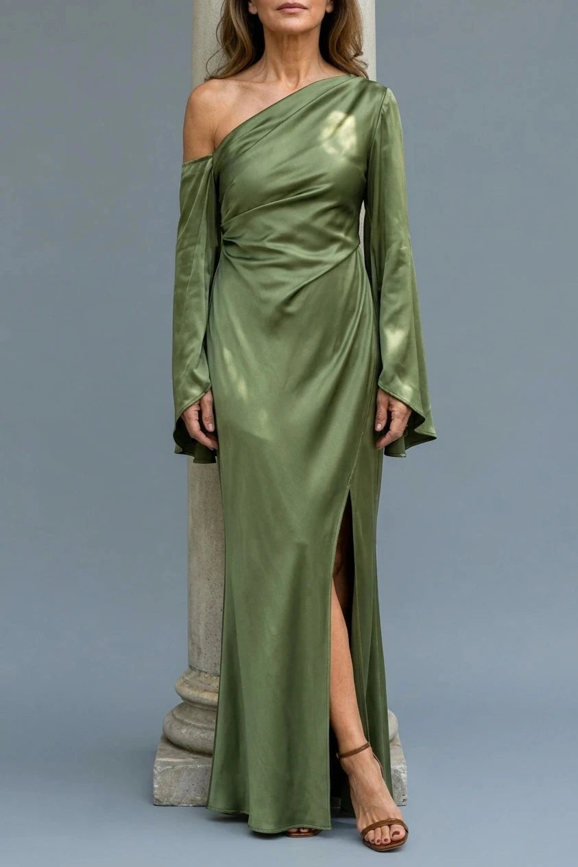 One Shoulder Cape Sleeve Maxi Dresses Draped Satin With High Side Split