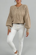 Cable-Knit Cropped Jumper with Lantern Sleeves, Relaxed Fit