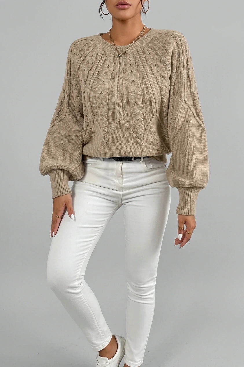 Women's Cable-Knit Cropped Jumper with Lantern Sleeves — variant_front