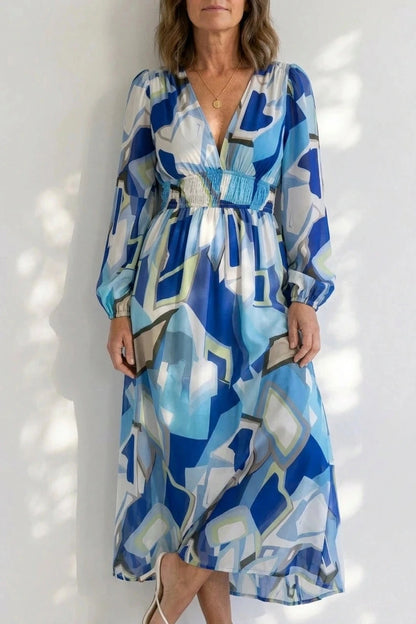 Printed Long Sleeve V-Neck Maxi Dress With Smocked Waist