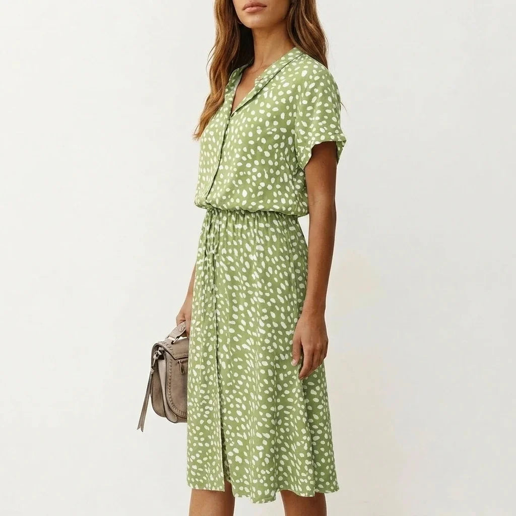 Women's Midi Dress with Button Front and Drawstring Waist — variant_front