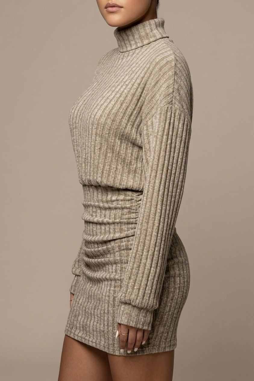 Ribbed Knit Turtleneck Mini Dress with Gathered Waist — variant_front