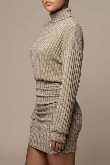 Ribbed Knit Turtleneck Mini Dress with Gathered Waist — variant_front