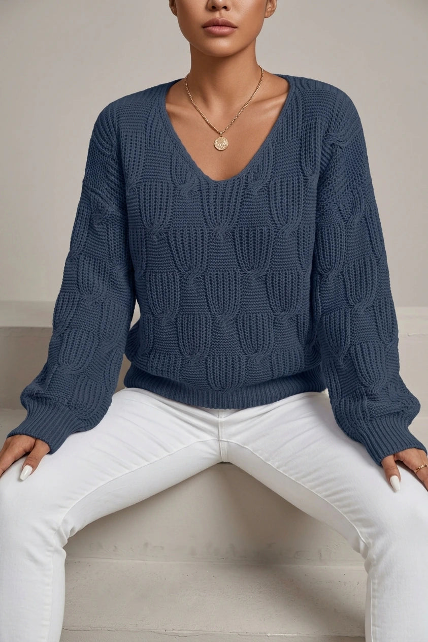 Cable Knit Sweater with V-Neckline and Puff Sleeves — variant_front