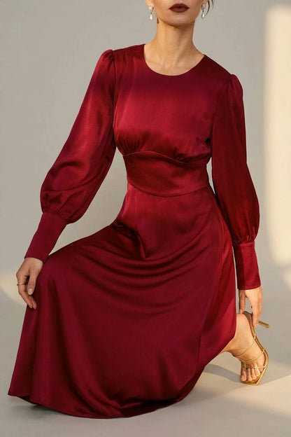 Wine Red Satin A-Line Midi Dress — variant_front