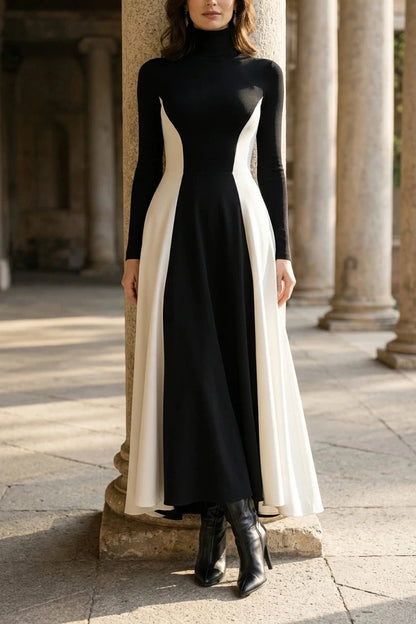 Sculpted Contrast Turtleneck Maxi Dress Fit-and-Flare Julia & Anne Dress Co