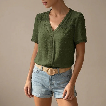 Bohemian Lace Trim Blouse with Swiss Dot Texture and V-Neckline — variant_front