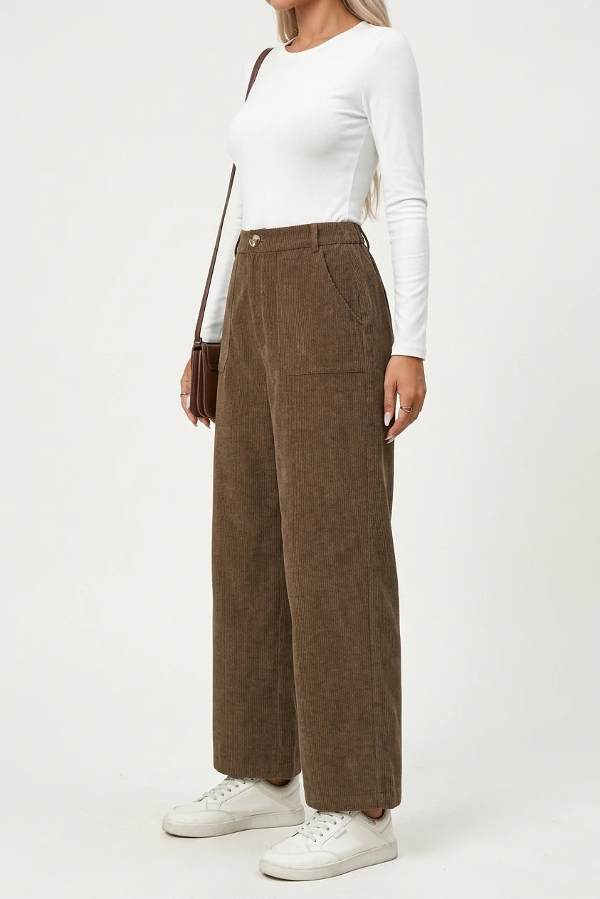 Retro High Waist Wide Leg Corduroy Trousers with Front Pockets — variant_front