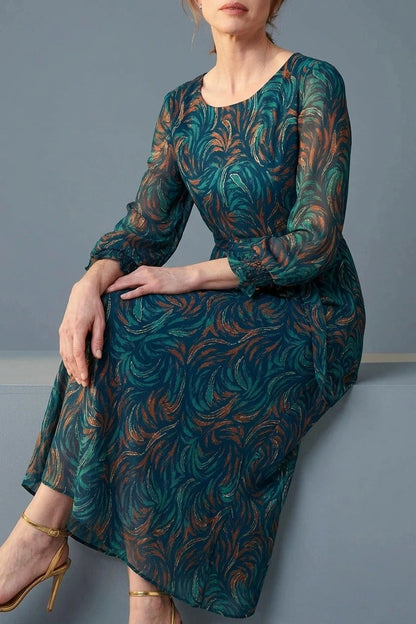 Abstract Long Sheer Sleeve Maxi Dress, Belted Waist, Round Neck