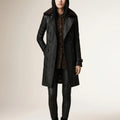 Longline Leather Coat With Shearling Collar And Double-Breasted Front