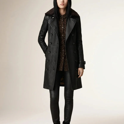 Black Leather Coat with Shearling Collar and Double Breasted Front — variant_front