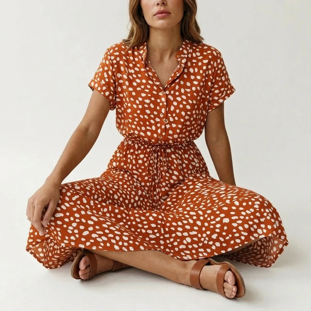 Women's Midi Dress with Button Front and Drawstring Waist — variant_front