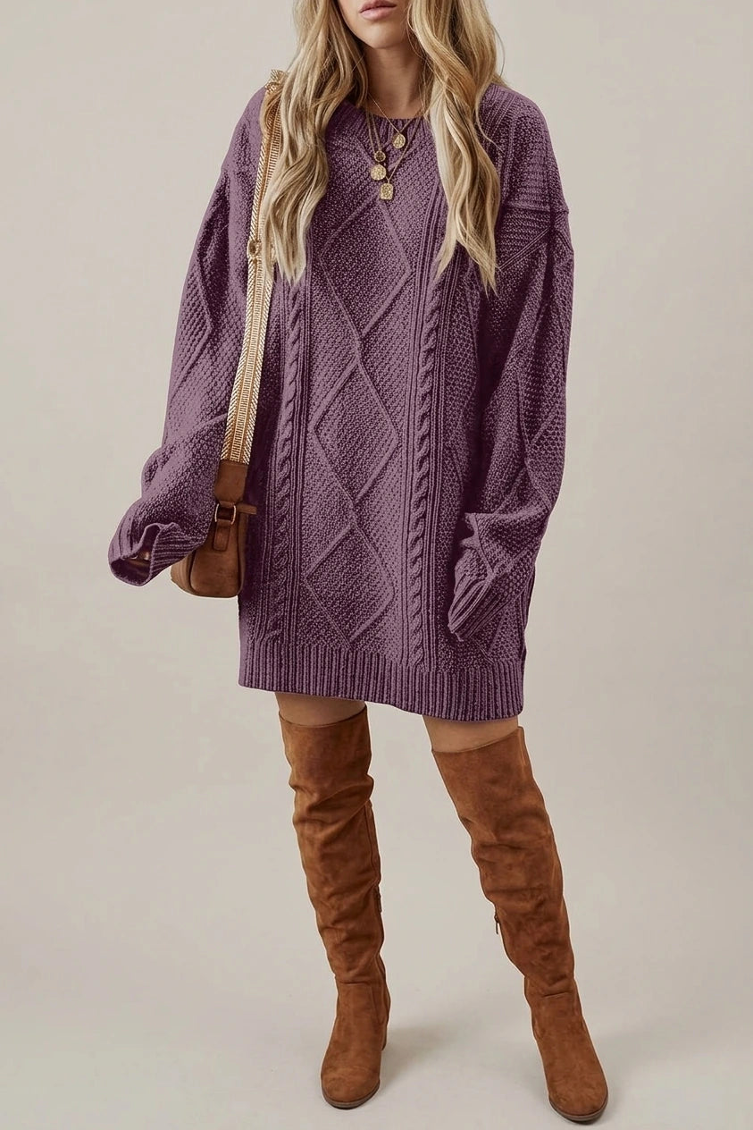 Purple Cable Knit Sweater Dress with Round Neck — variant_front