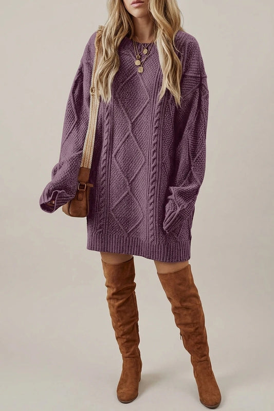Purple Cable Knit Sweater Dress with Round Neck — variant_front