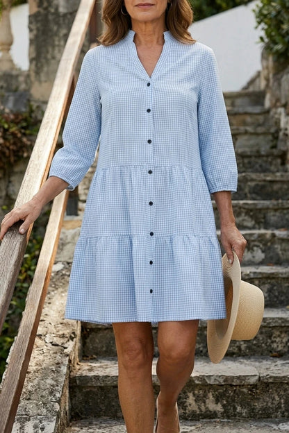 Button Front Gingham Tiered Dress With V Neck And Three-Quarter Sleeves