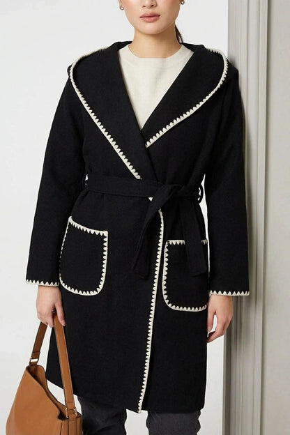 Blanket Stitch Tie Waist Longline Coat Hooded Belted With Patch Pockets